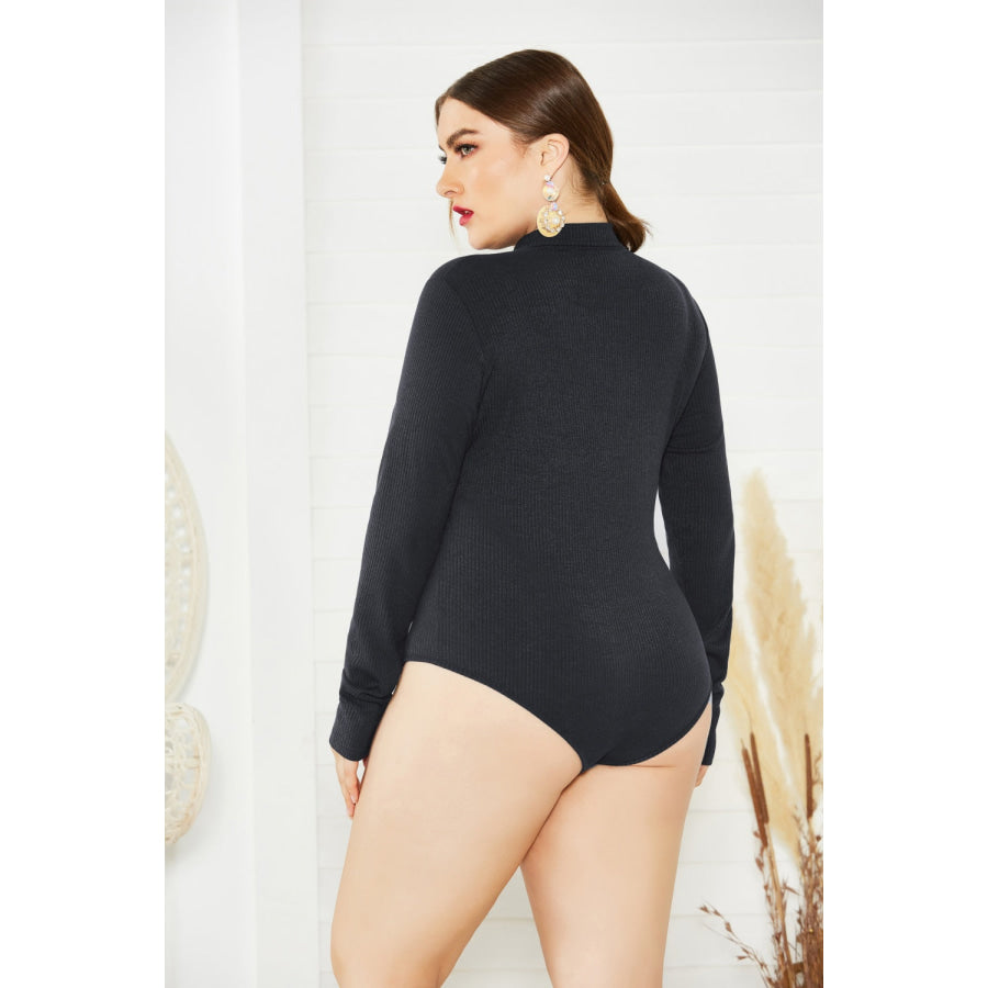 Plus Size Zip Up Long Sleeve Bodysuit Black / 1XL Apparel and Accessories