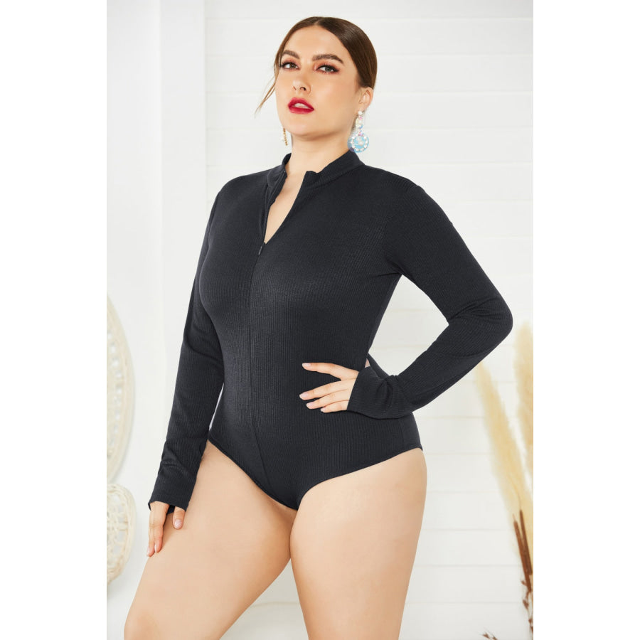 Plus Size Zip Up Long Sleeve Bodysuit Black / 1XL Apparel and Accessories