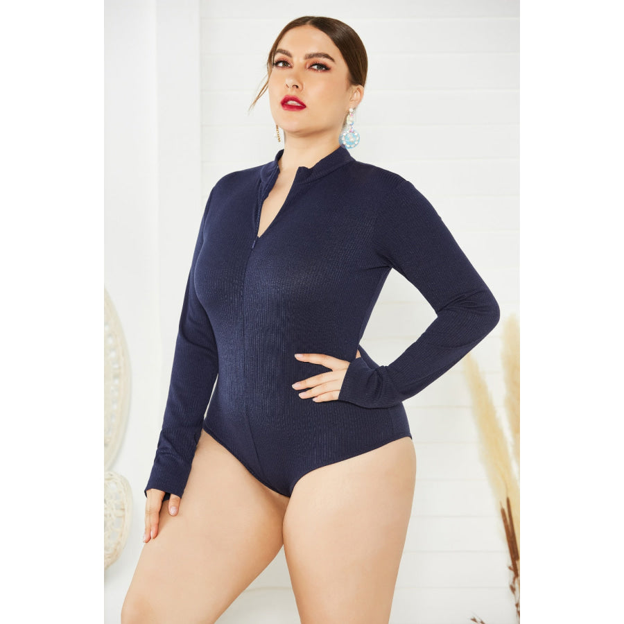Plus Size Zip Up Long Sleeve Bodysuit Navy / 1XL Apparel and Accessories