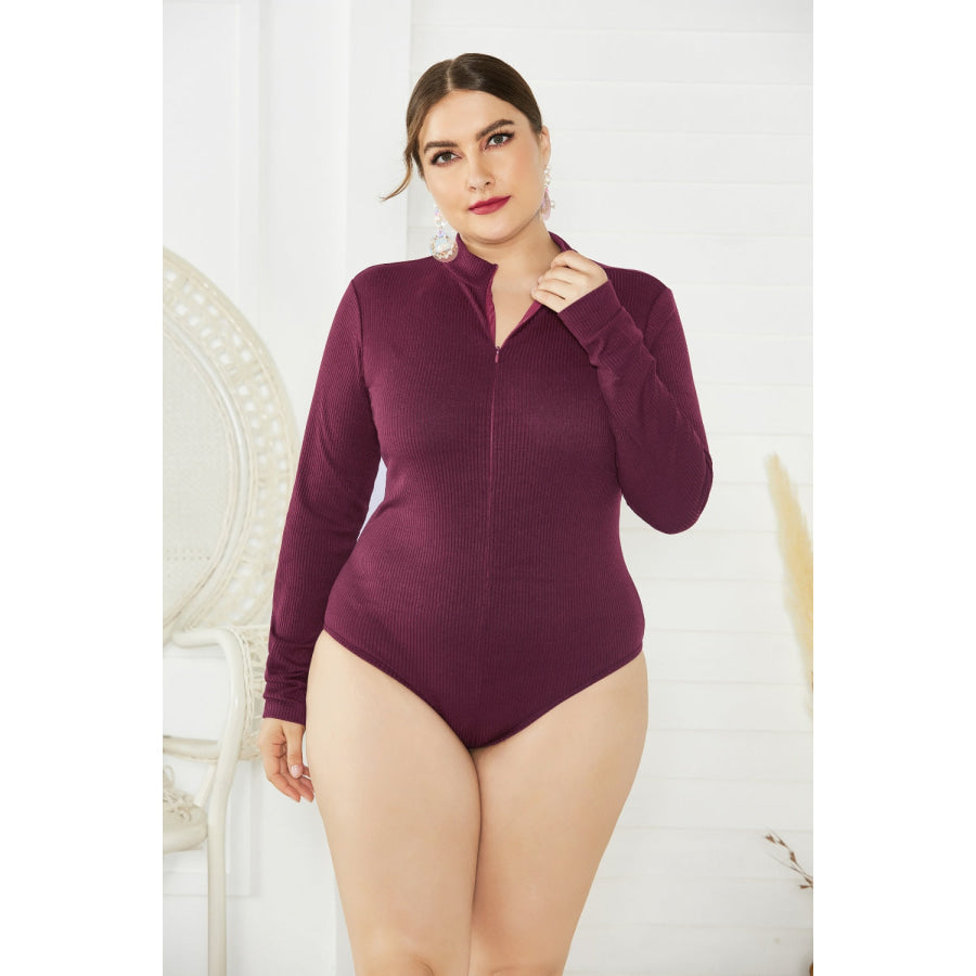 Plus Size Zip Up Long Sleeve Bodysuit Wine / 1XL Apparel and Accessories