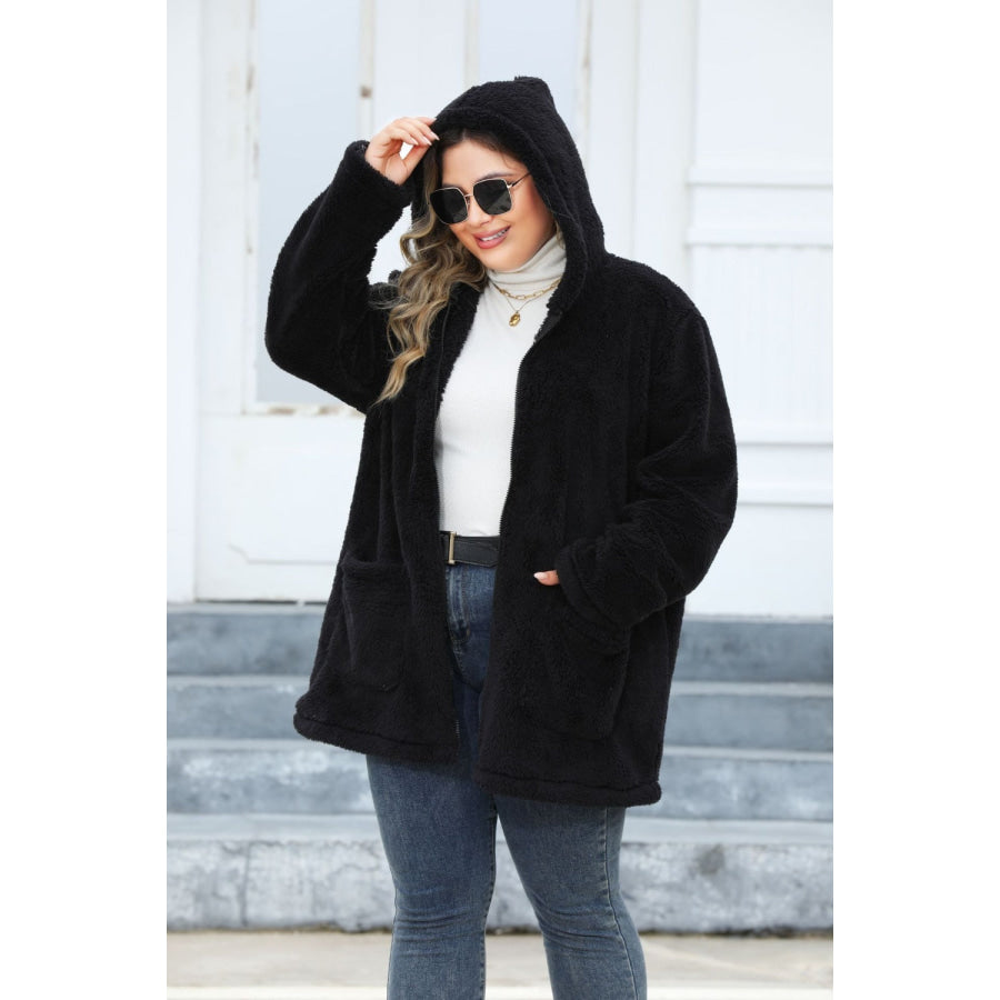 Plus Size Zip Up Long Sleeve Hooded Outerwear Apparel and Accessories