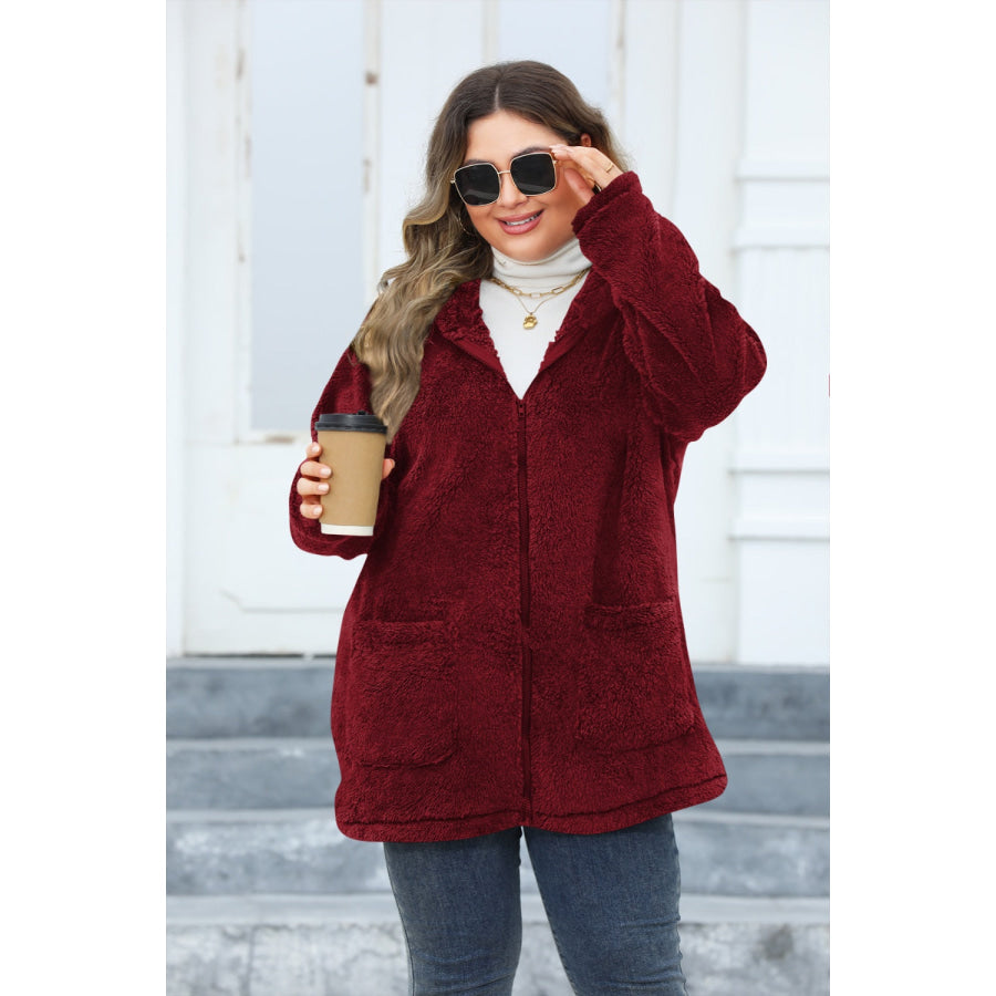 Plus Size Zip Up Long Sleeve Hooded Outerwear Apparel and Accessories