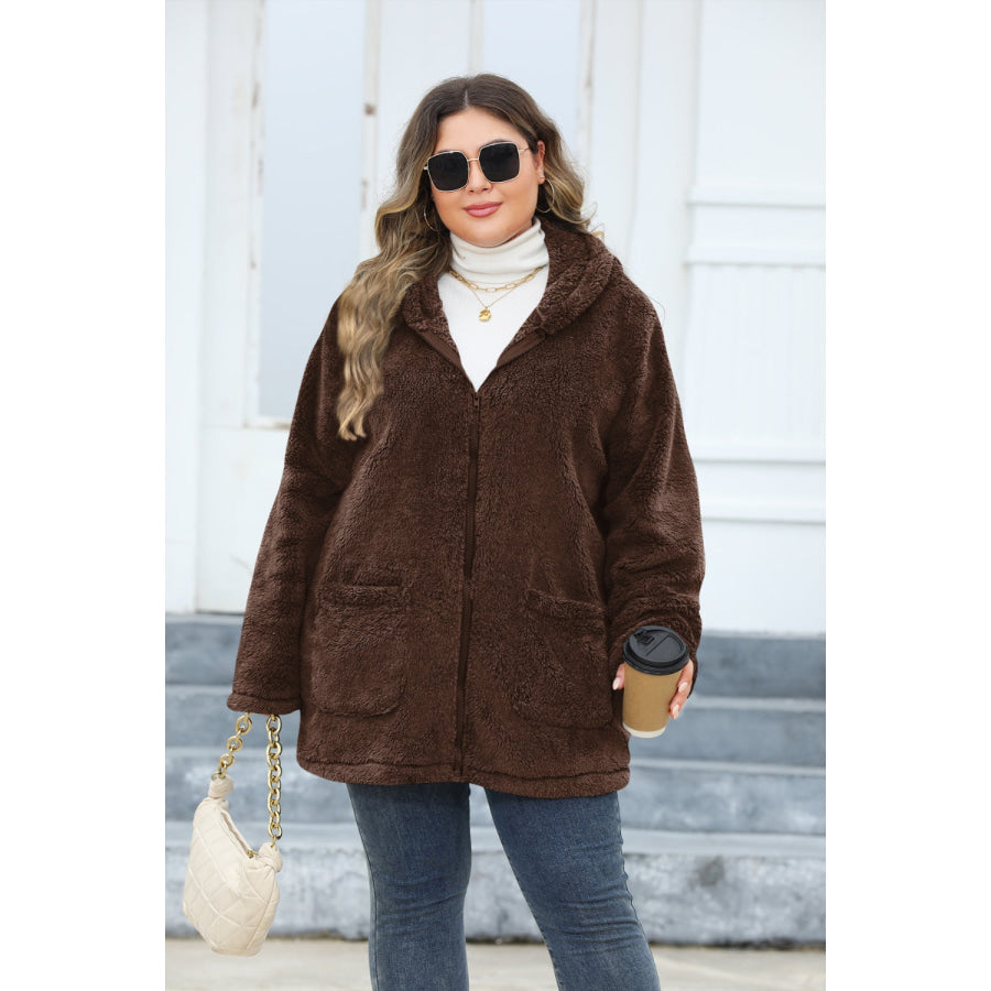 Plus Size Zip Up Long Sleeve Hooded Outerwear Apparel and Accessories