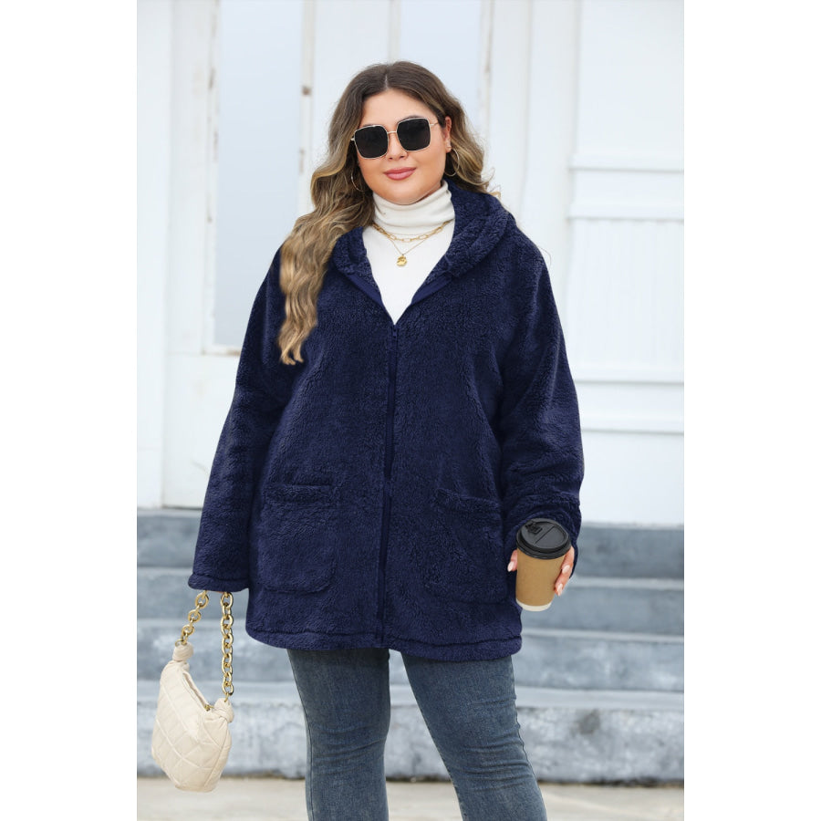 Plus Size Zip Up Long Sleeve Hooded Outerwear Apparel and Accessories