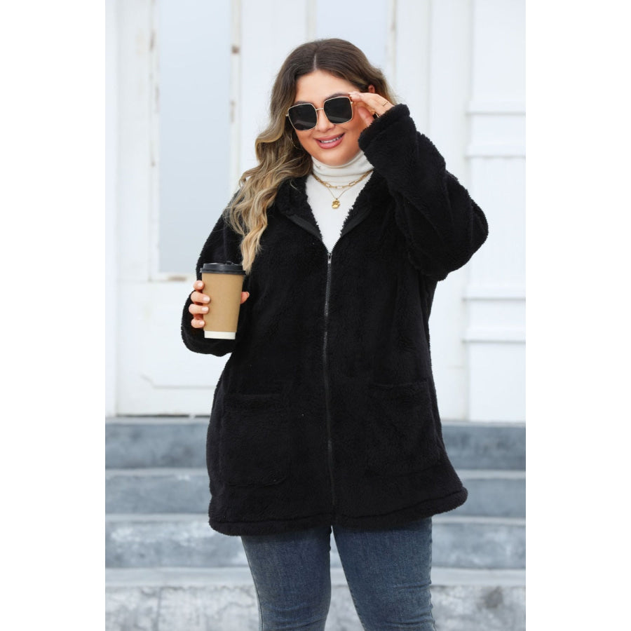 Plus Size Zip Up Long Sleeve Hooded Outerwear Apparel and Accessories