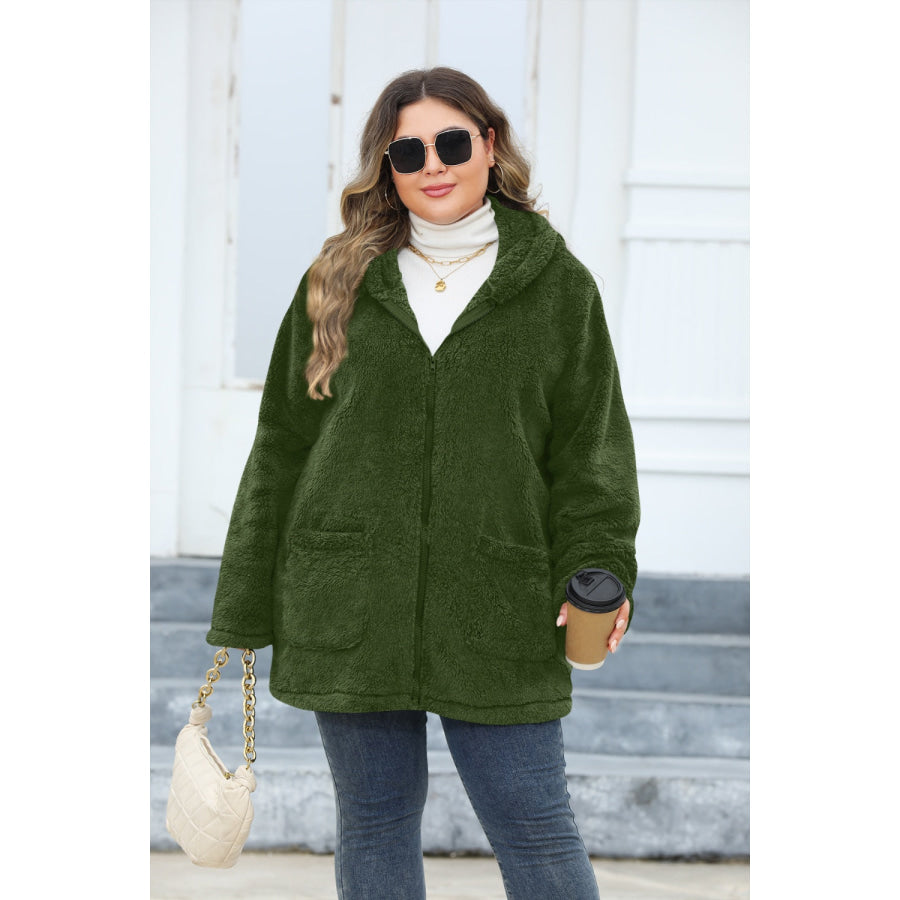 Plus Size Zip Up Long Sleeve Hooded Outerwear Apparel and Accessories