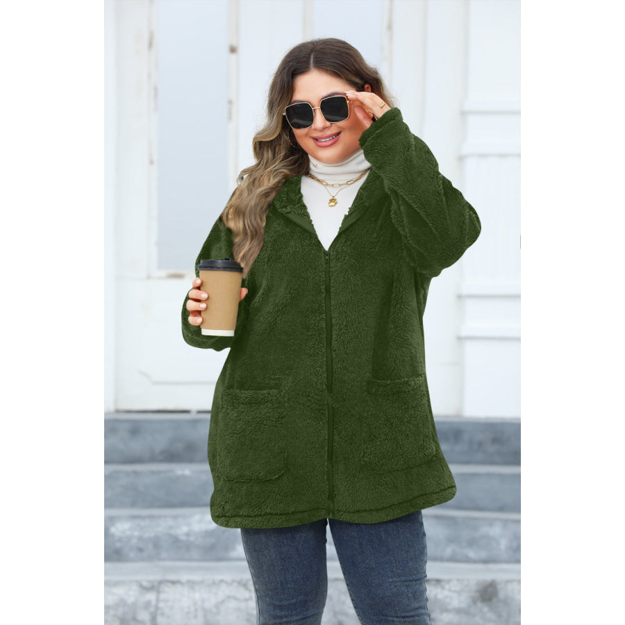 Plus Size Zip Up Long Sleeve Hooded Outerwear Dark Green / 1XL Apparel and Accessories