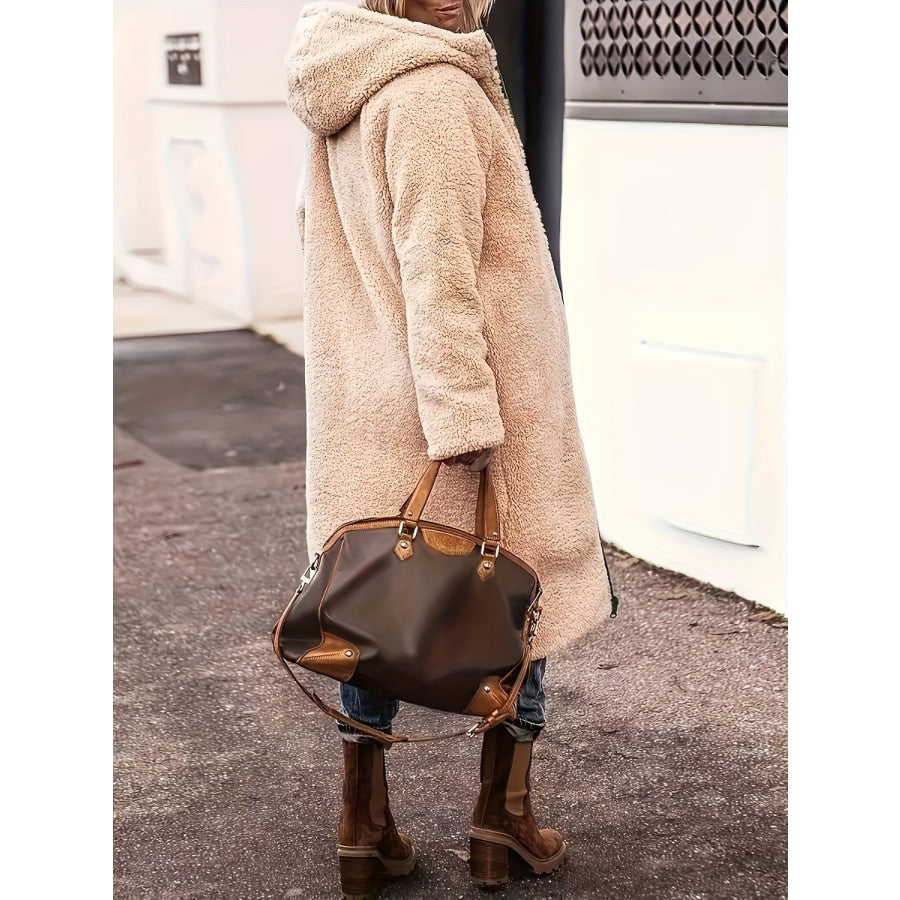 Plus Size Zip Up Sherpa Hooded Coat Apparel and Accessories