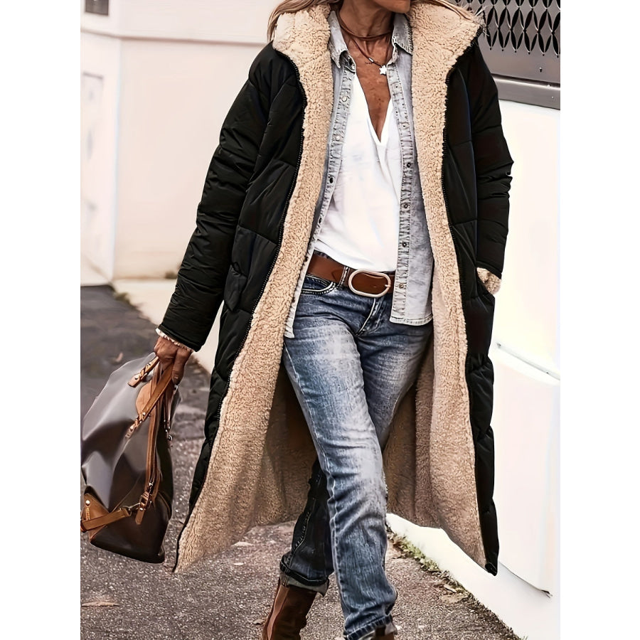 Plus Size Zip Up Sherpa Hooded Coat Black / M Apparel and Accessories