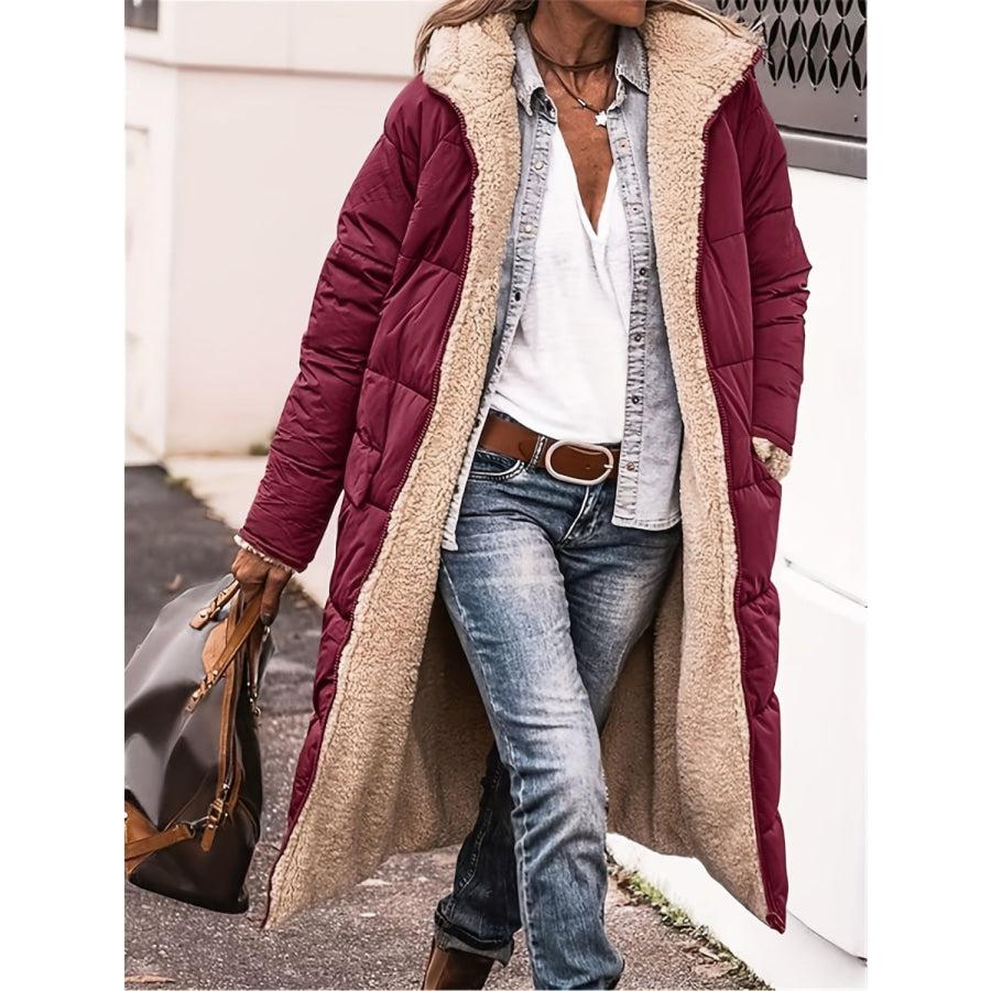 Plus Size Zip Up Sherpa Hooded Coat Burgundy / 1XL Apparel and Accessories