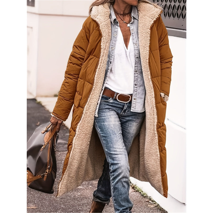 Plus Size Zip Up Sherpa Hooded Coat Caramel / 1XL Apparel and Accessories