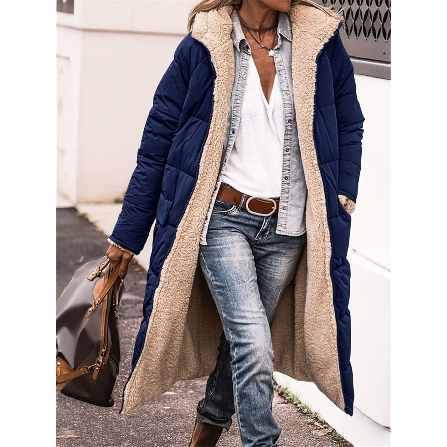 Plus Size Zip Up Sherpa Hooded Coat Dark Blue / 1XL Apparel and Accessories