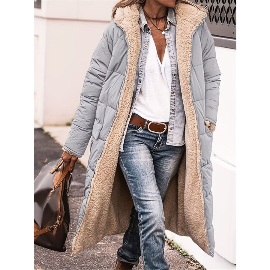 Plus Size Zip Up Sherpa Hooded Coat Light Gray / M Apparel and Accessories
