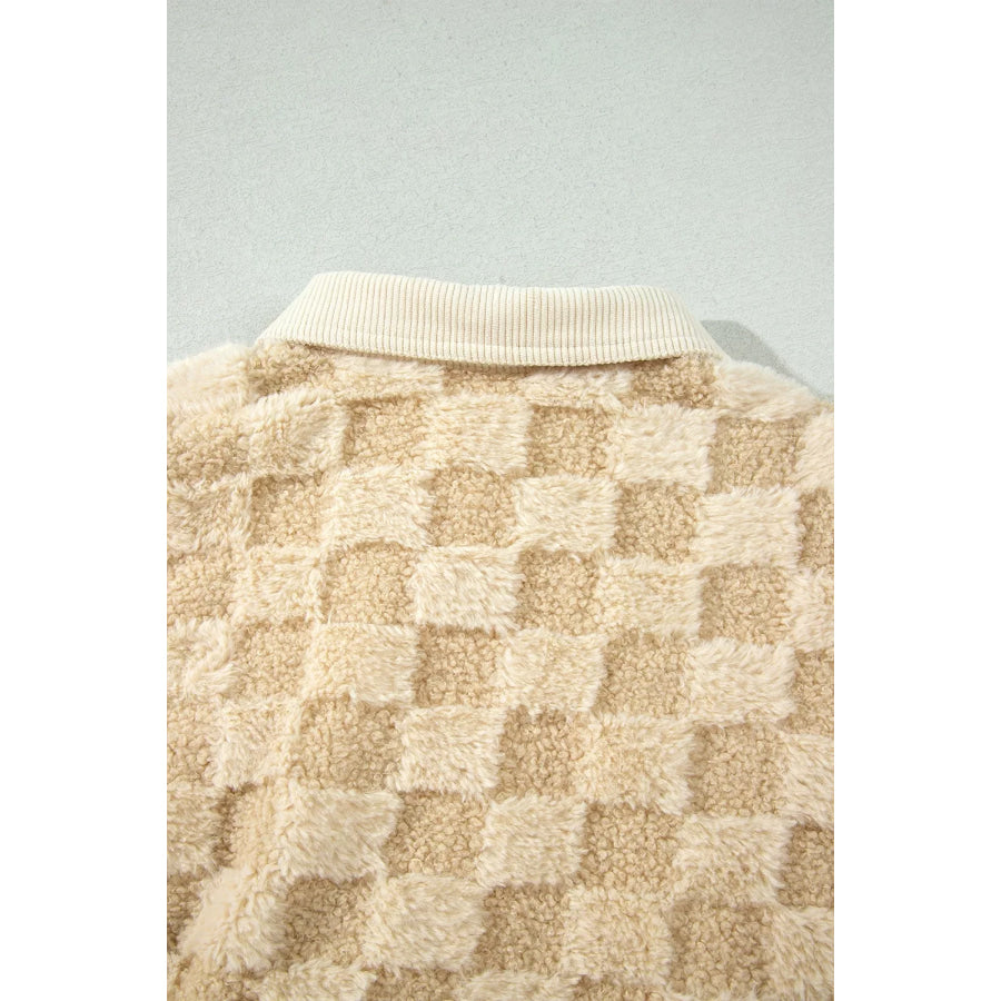 Plush Checkered Corduroy Trim Metal Button Long Sleeve Shift Silhouette Shacket Apparel and Accessories