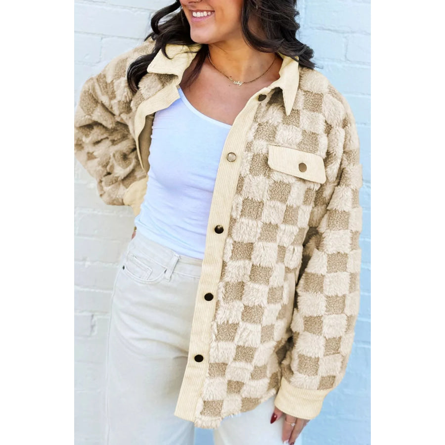Plush Checkered Corduroy Trim Metal Button Long Sleeve Shift Silhouette Shacket Apparel and Accessories