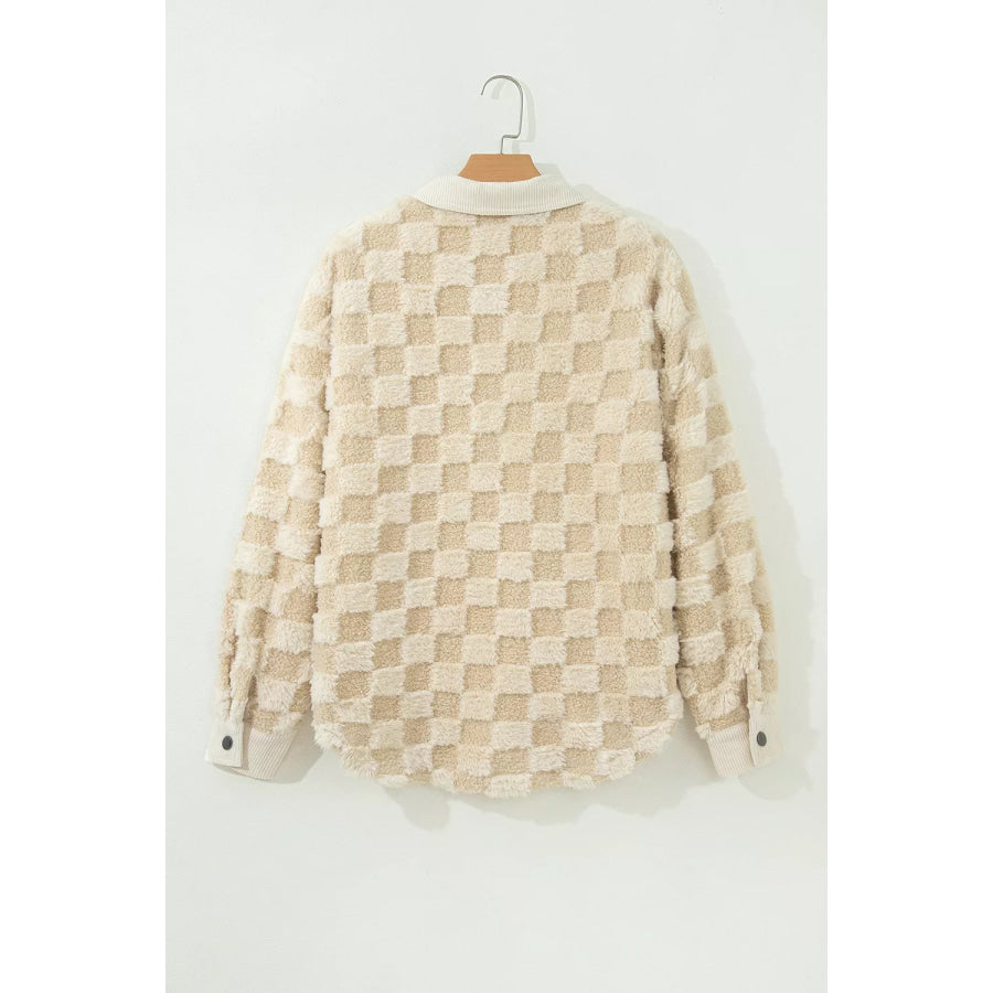 Plush Checkered Corduroy Trim Metal Button Long Sleeve Shift Silhouette Shacket Apparel and Accessories