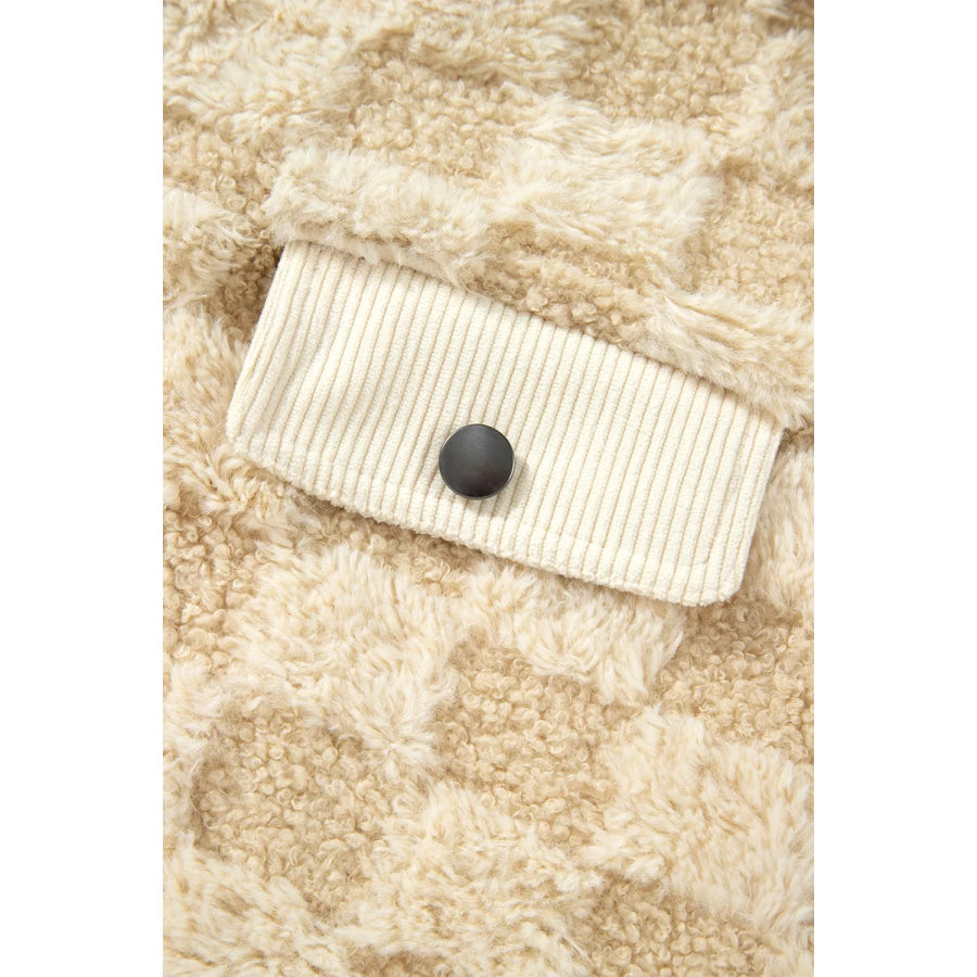 Plush Checkered Corduroy Trim Metal Button Long Sleeve Shift Silhouette Shacket Apparel and Accessories