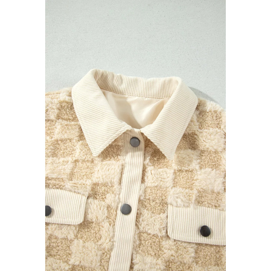 Plush Checkered Corduroy Trim Metal Button Long Sleeve Shift Silhouette Shacket Apparel and Accessories