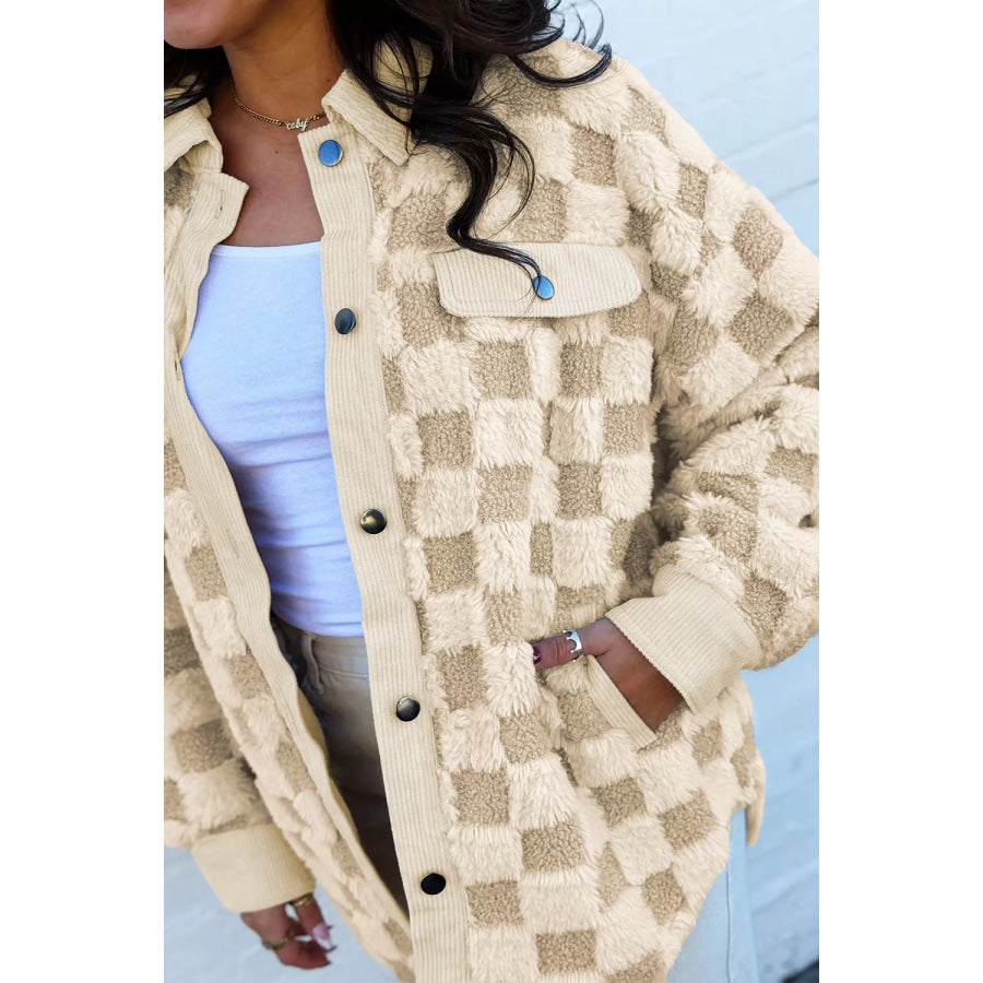 Plush Checkered Corduroy Trim Metal Button Long Sleeve Shift Silhouette Shacket Apparel and Accessories