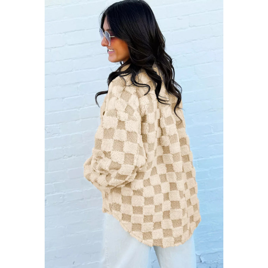 Plush Checkered Corduroy Trim Metal Button Long Sleeve Shift Silhouette Shacket Apparel and Accessories