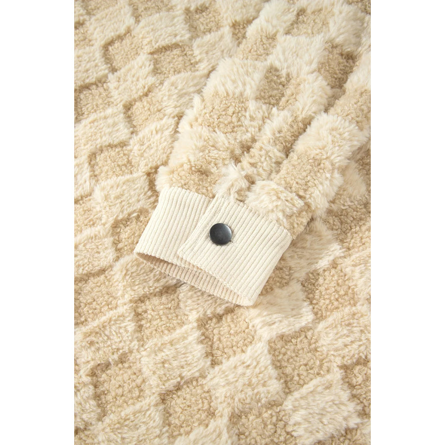 Plush Checkered Corduroy Trim Metal Button Long Sleeve Shift Silhouette Shacket Apparel and Accessories