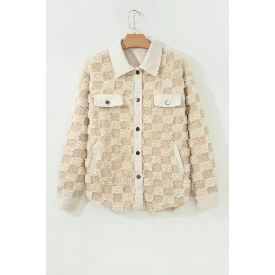 Plush Checkered Corduroy Trim Metal Button Long Sleeve Shift Silhouette Shacket Apparel and Accessories