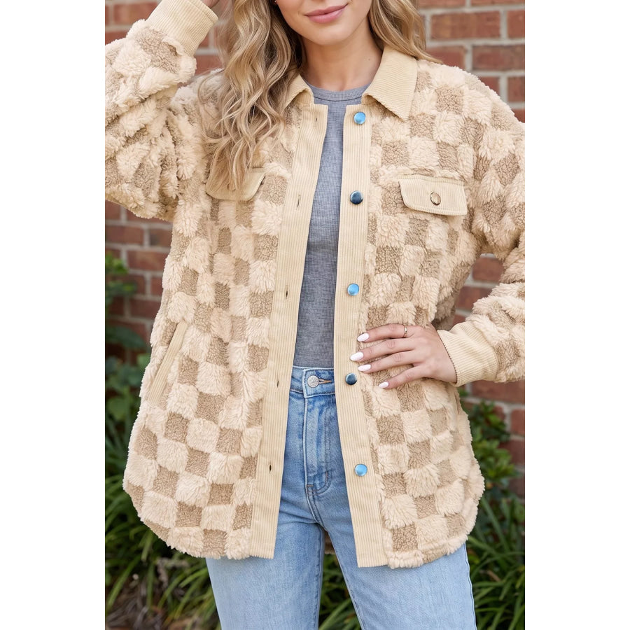 Plush Checkered Corduroy Trim Metal Button Long Sleeve Shift Silhouette Shacket Apparel and Accessories