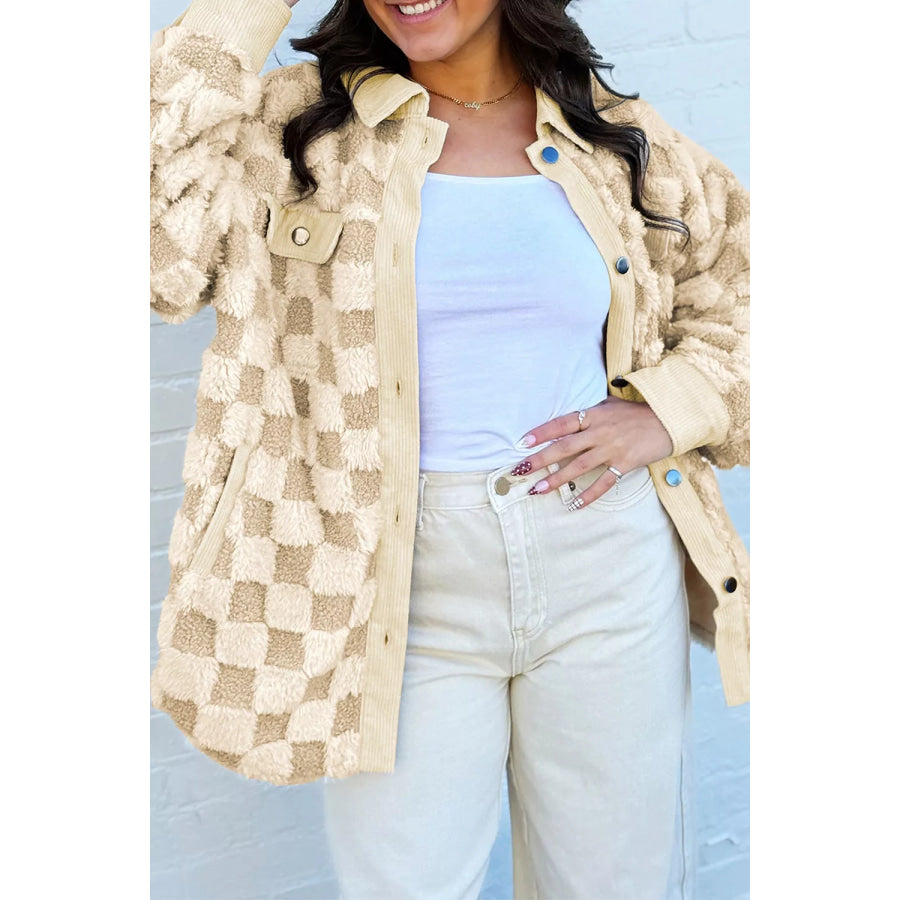 Plush Checkered Corduroy Trim Metal Button Long Sleeve Shift Silhouette Shacket Tan / S Apparel and Accessories