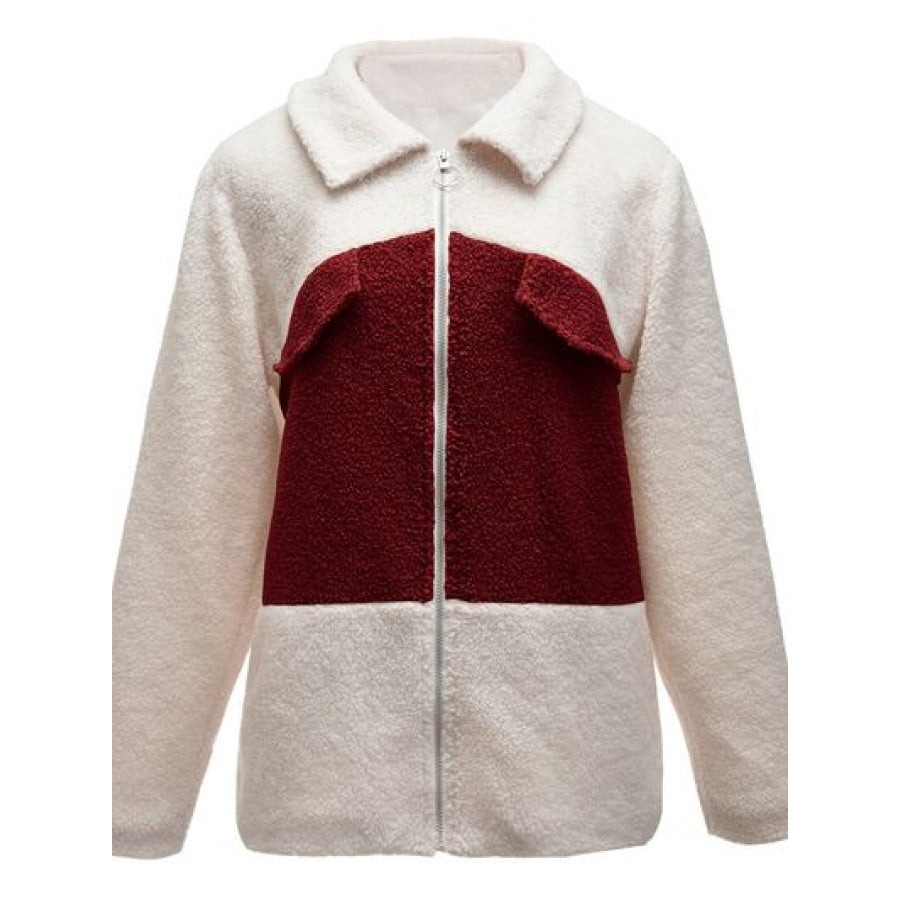 Plush Contrast Zip Up Coat Apparel and Accessories