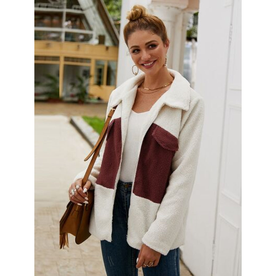 Plush Contrast Zip Up Coat Wine / S Apparel and Accessories