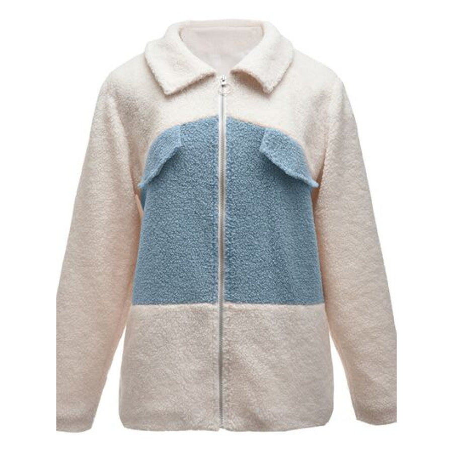Plush Contrast Zip Up Coat Apparel and Accessories