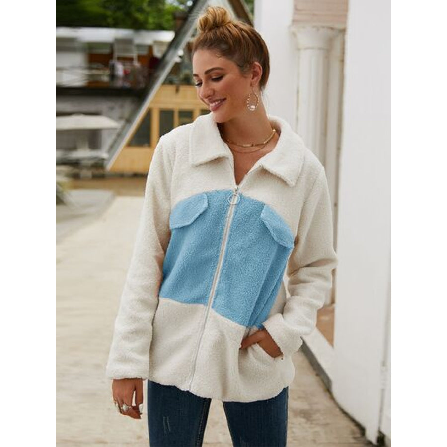 Plush Contrast Zip Up Coat Pastel Blue / S Apparel and Accessories