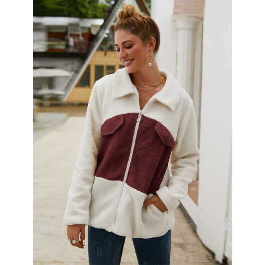 Plush Contrast Zip Up Coat Wine / S Apparel and Accessories