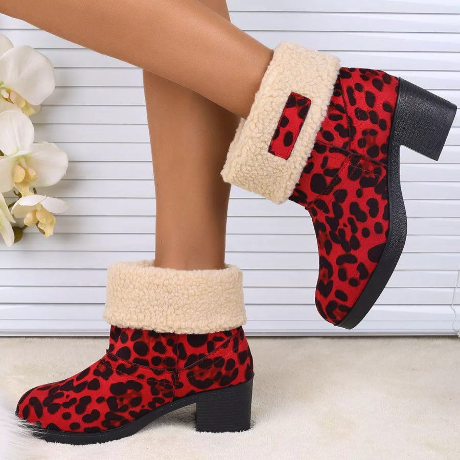 Plush Cuff Block Heel Boots Red Leopard Print / 36 Apparel and Accessories