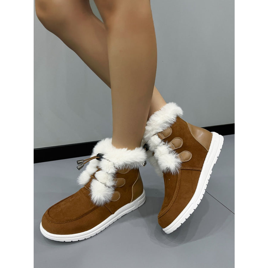 Plush Detail Suede Round Toe Boots Apparel and Accessories