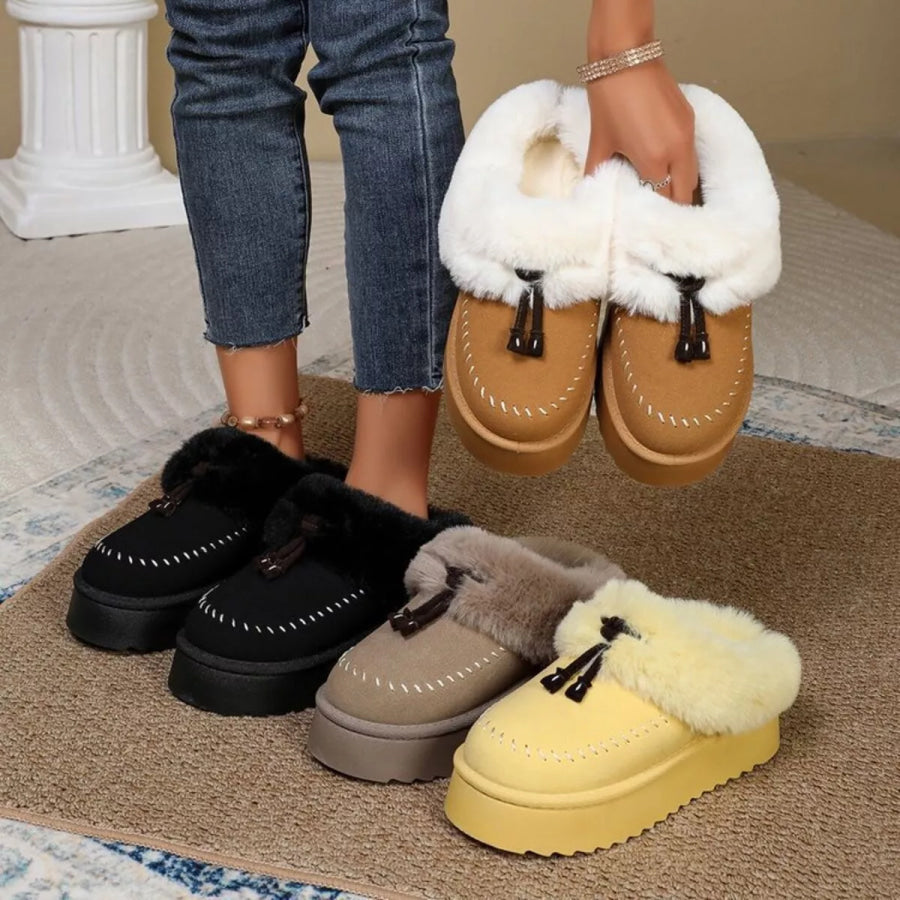 Plush Faux Fur Lined Platform Slippers with Tassel Detail Apparel and Accessories