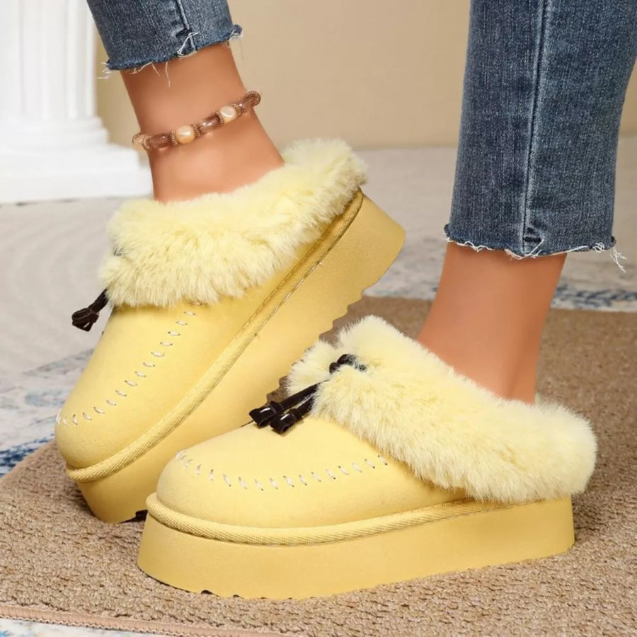 Plush Faux Fur Lined Platform Slippers with Tassel Detail Apparel and Accessories