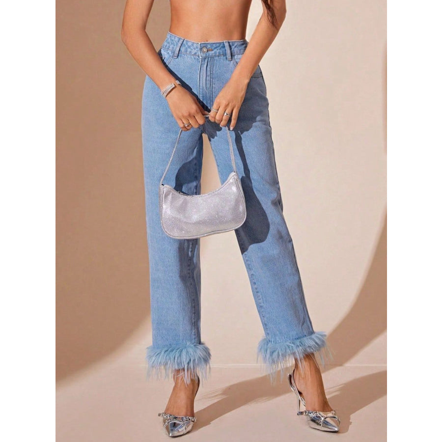 Plush Hem High Rise Straight Jeans Apparel and Accessories