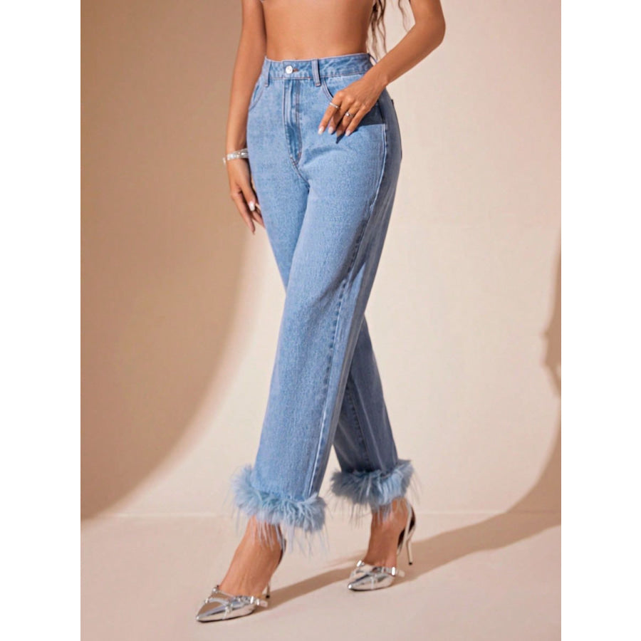 Plush Hem High Rise Straight Jeans Apparel and Accessories