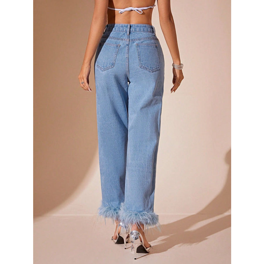 Plush Hem High Rise Straight Jeans Apparel and Accessories