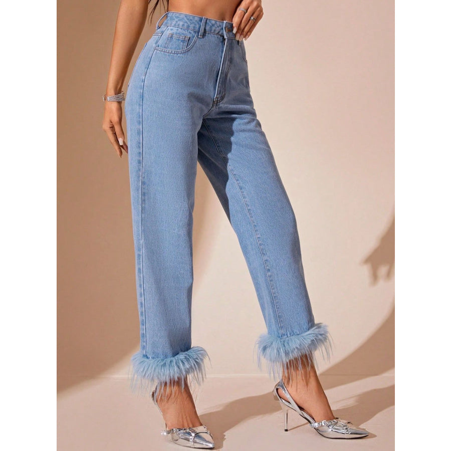 Plush Hem High Rise Straight Jeans Light / XS Apparel and Accessories