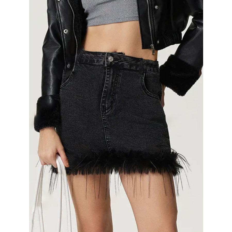 Plush Hem Mini Denim Skirt Apparel and Accessories