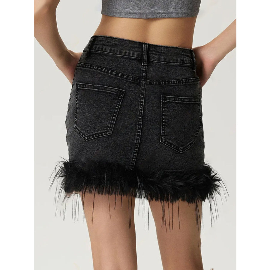 Plush Hem Mini Denim Skirt Apparel and Accessories