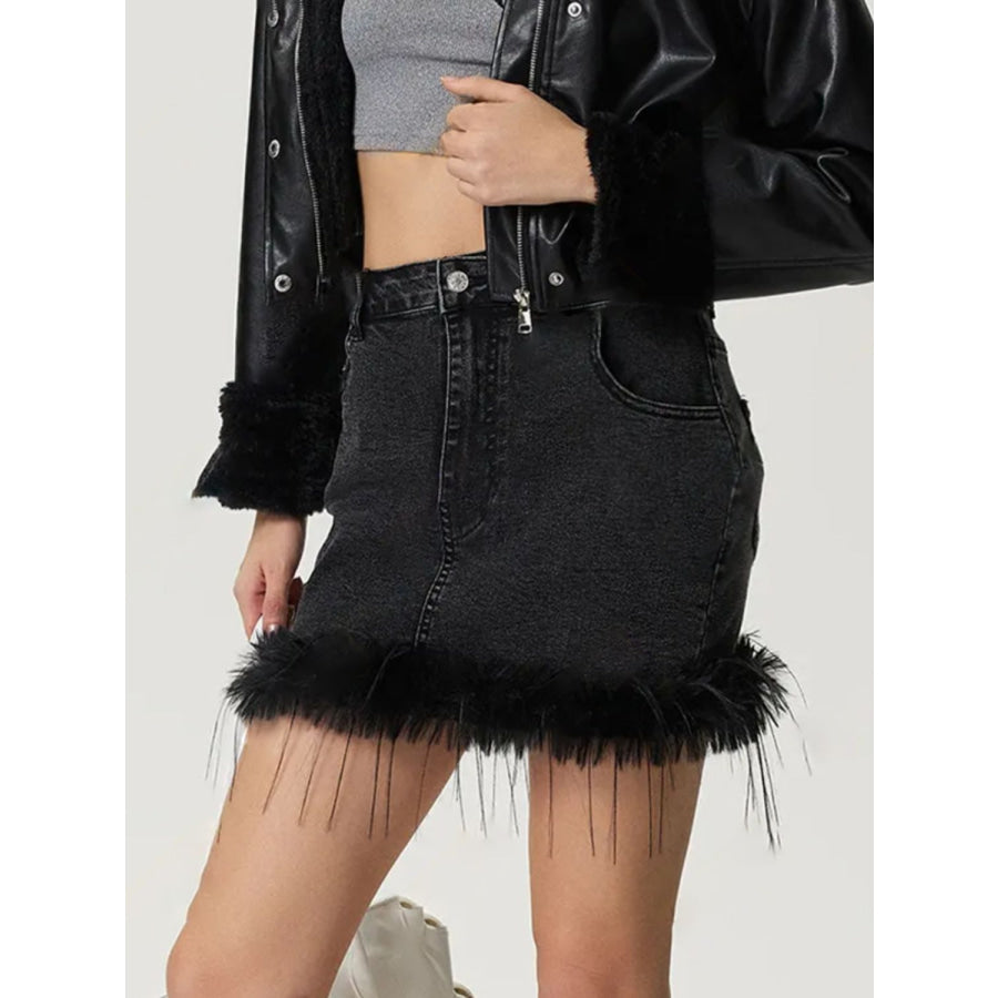 Plush Hem Mini Denim Skirt Apparel and Accessories