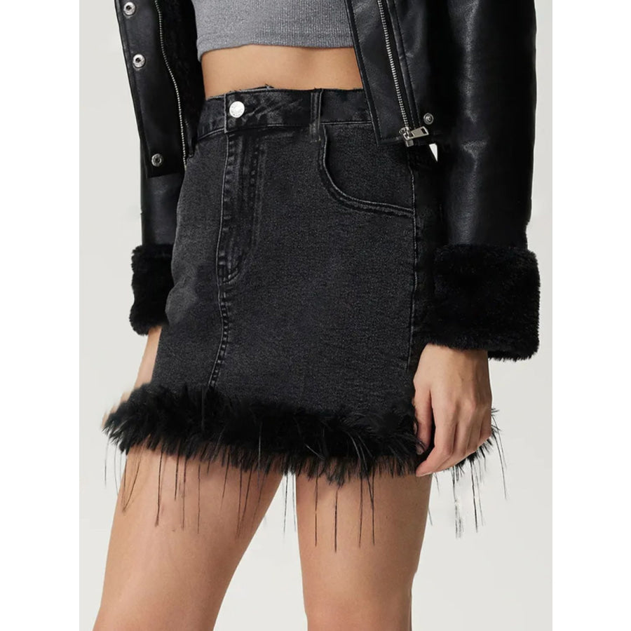 Plush Hem Mini Denim Skirt Apparel and Accessories