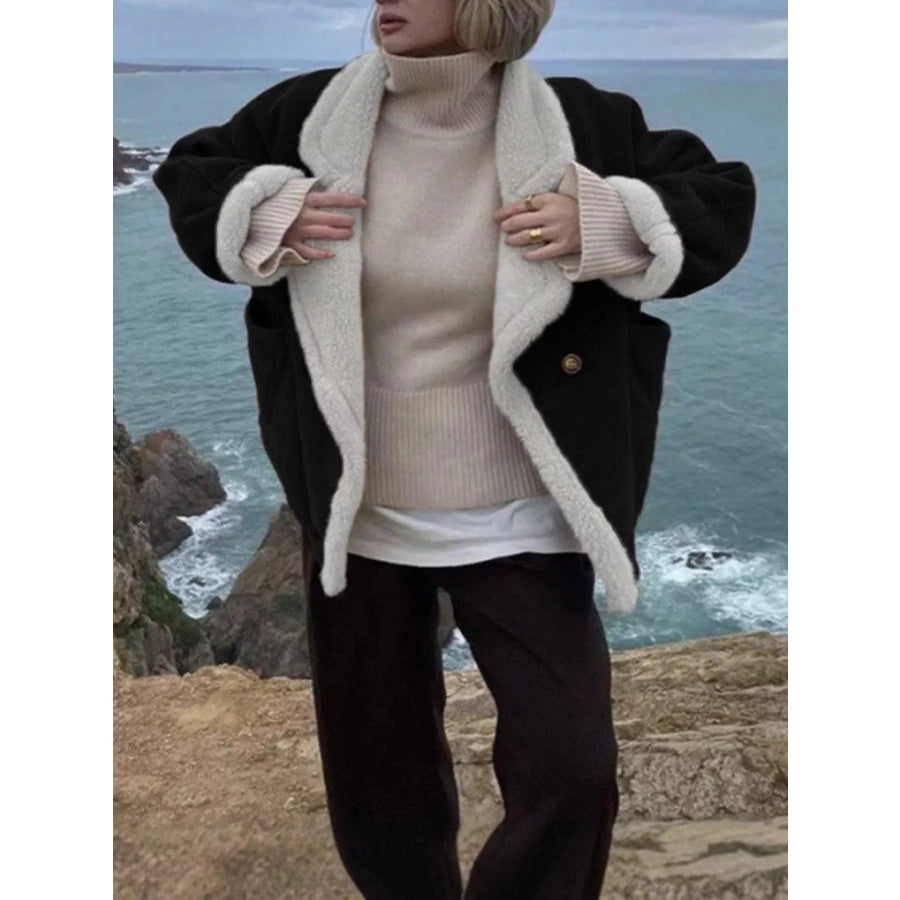 Plush Lined Dropped Shoulder Outerwear Black / S Apparel and Accessories