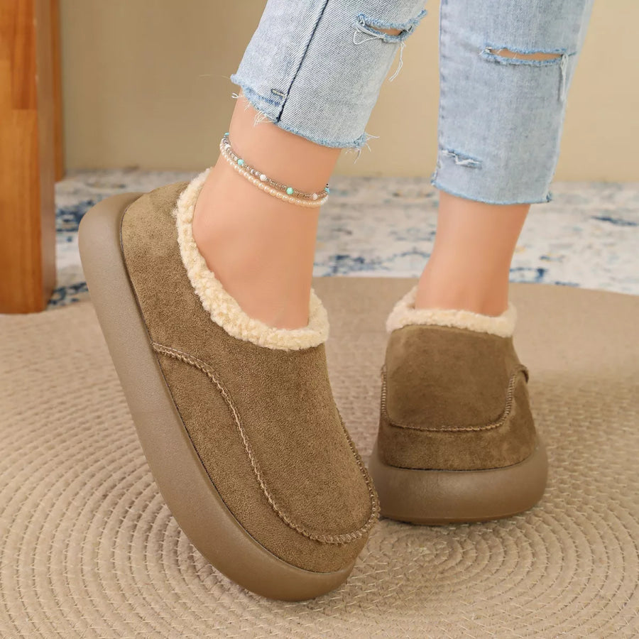 Plush-Lined Suede Platform Slip-On Boots Camel / 35 Apparel and Accessories