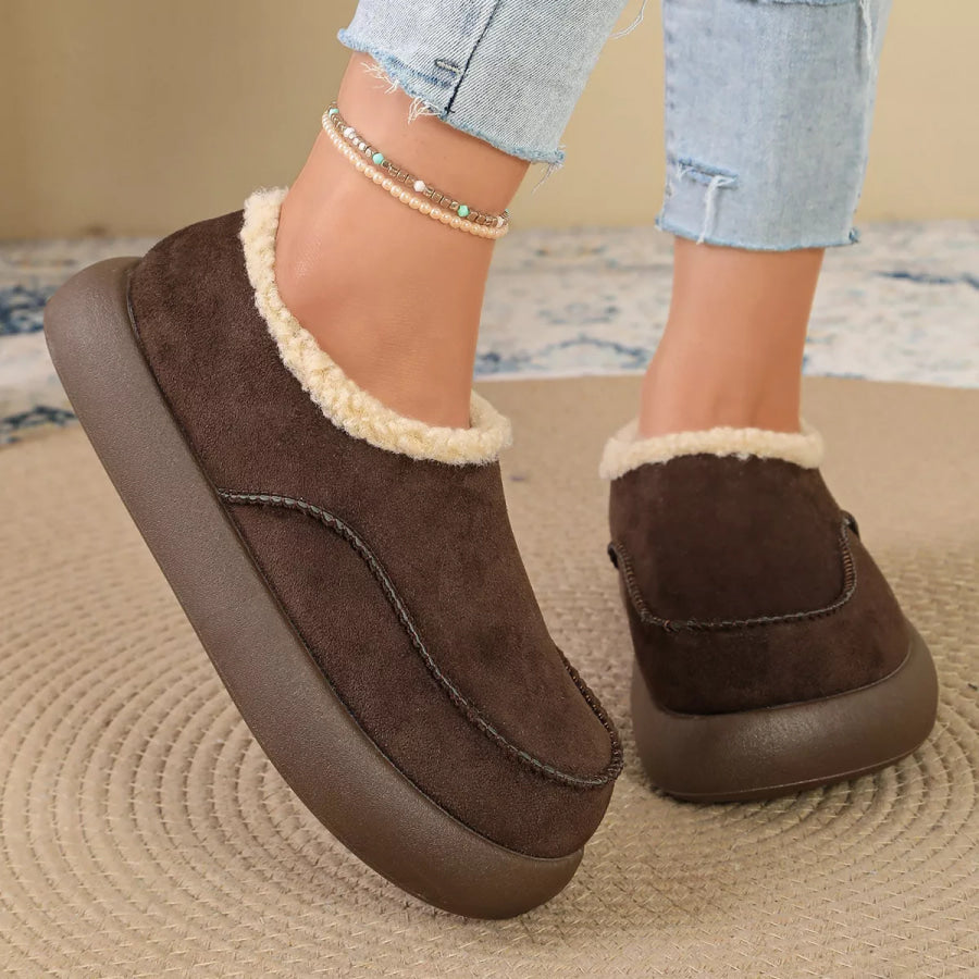 Plush-Lined Suede Platform Slip-On Boots Coffee Brown / 35 Apparel and Accessories