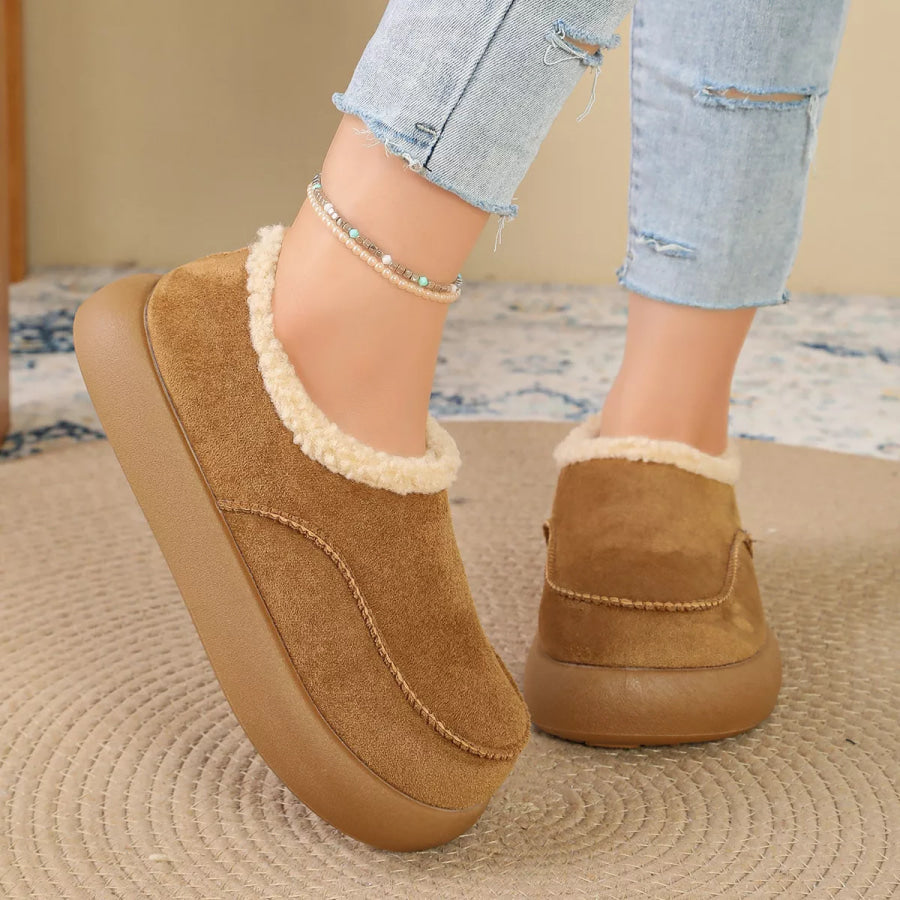 Plush-Lined Suede Platform Slip-On Boots Khaki / 35 Apparel and Accessories