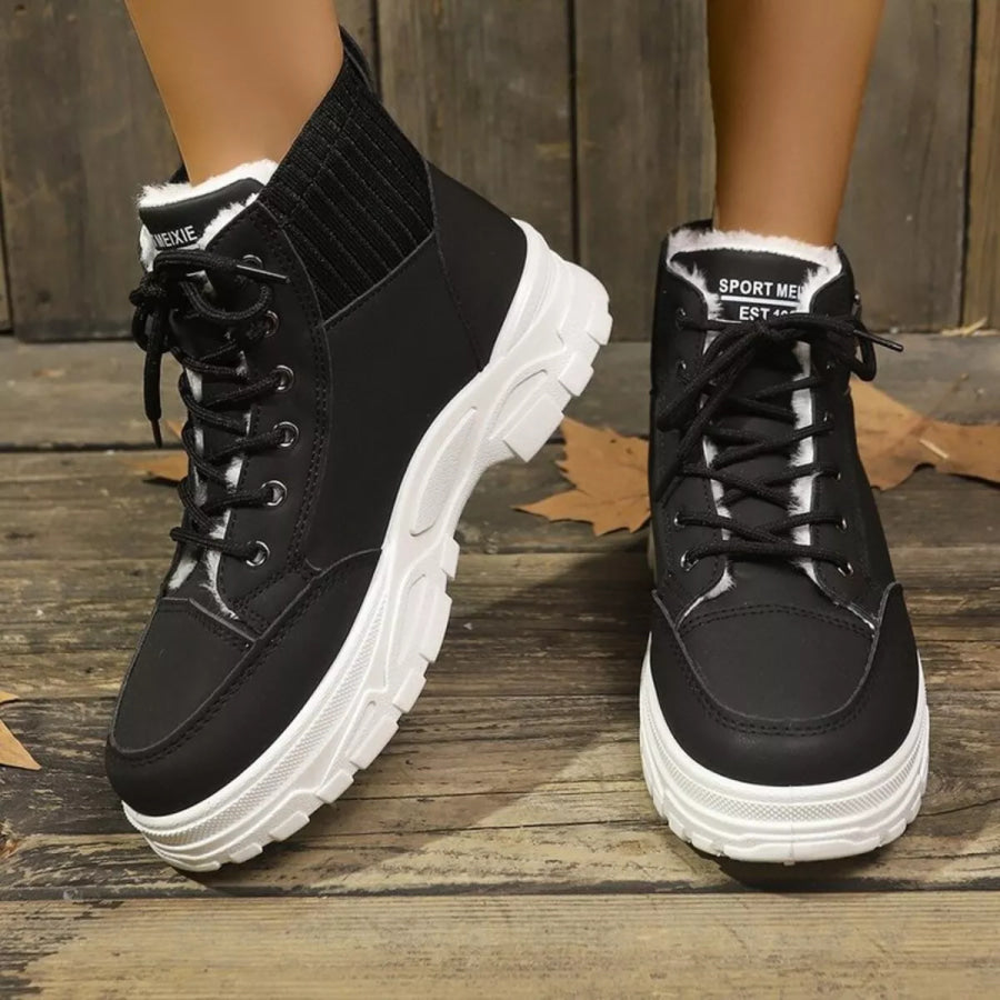 Plush Lining Lace Up Boots Black / 35 Apparel and Accessories